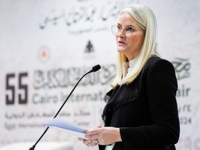 Crown Princess Mette-Marit speaking at the opening of Norway's Guest of Honour Programme at the Cairo Book Fair 2024. Photo: Cornelius Poppe, NTB